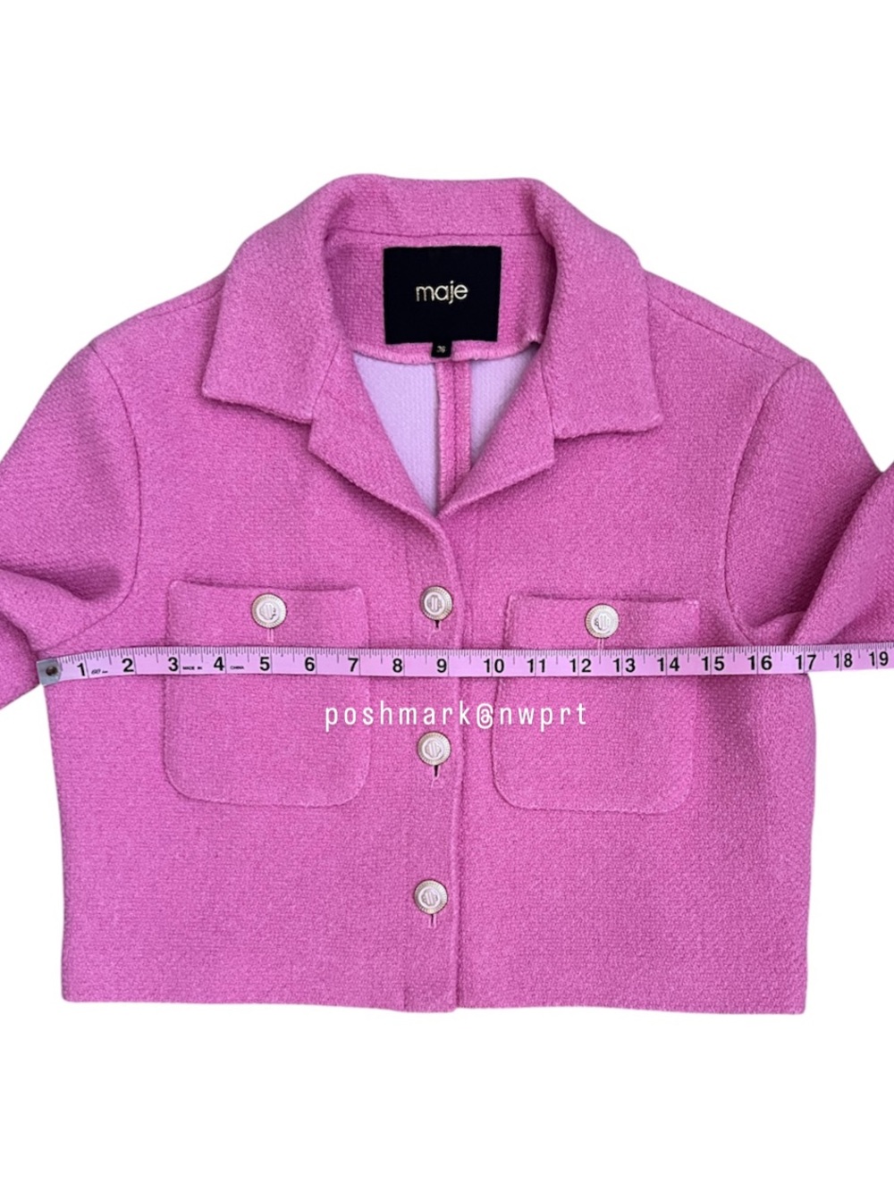 MAJE 💓 Vapela Tweed Jacket Pink Button Front Top Blazer 36 1 S Small XS - Picture 10 of 13